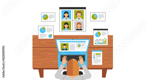 Remote work desk setup with video conference and business charts