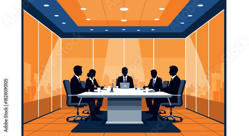 Business meeting in modern office with silhouetted professionals and orange tones