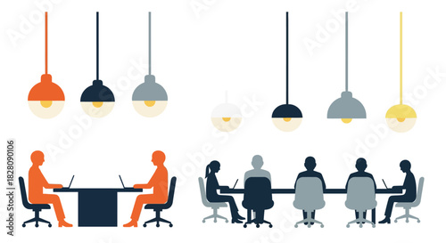 Modern office workspace with silhouette of professionals at desk and stylish hanging lights
