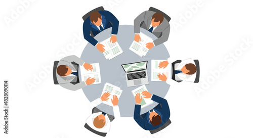 Business meeting: professionals collaborate around a round table with laptops and documents