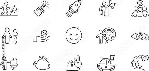 Collection of hand-drawn line art icons illustrating people, technology, and health concepts Keywords: person, elderly, senior, technology, rocket, launch, science, molecule, group, team, health