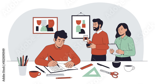 Creative team collaboration in a modern office environment with flat design elements