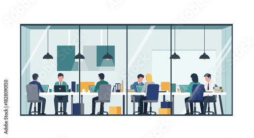 Modern office workspace with people working on laptops in glass-walled room