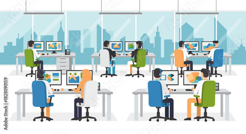Modern open office workspace with diverse team collaborating on computers in a bright city setting