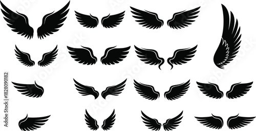 Collection of black angel wings vector illustrations for graphic design elements