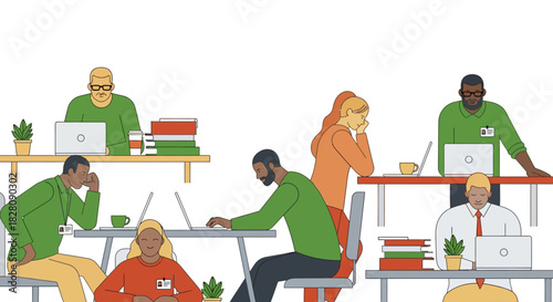 Collaborative office environment with diverse colleagues in modern workspace