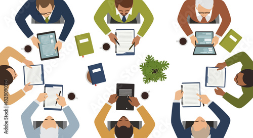 Team brainstorming session around conference table in modern office setting