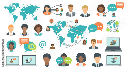 Global communication network with diverse people and technology icons