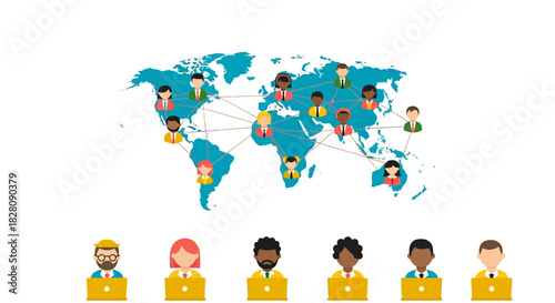 Global network of diverse professionals collaborating online across the world map