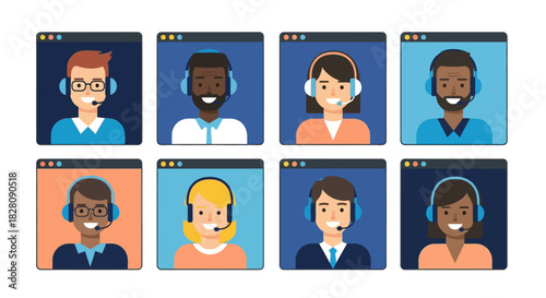Colorful flat avatar grid of diverse call center customer support agents with headsets