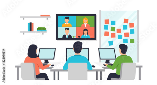Remote team meeting in modern office with video conference