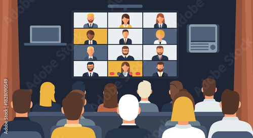 Virtual conference with diverse audience watching presentation on video call screen