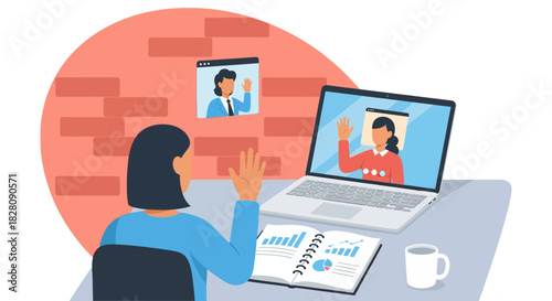 Remote work collaboration with virtual meetings and data analysis visualization