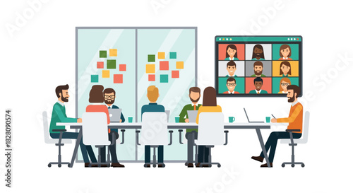 Modern office team collaboration with video conference integration and brainstorming session