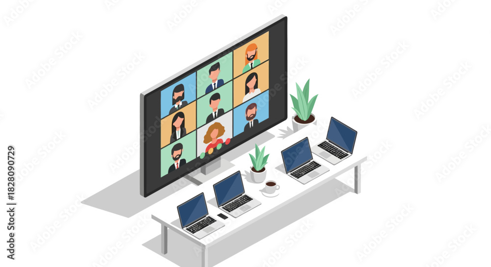 Naklejka premium Isometric virtual meeting setup with laptops and conference screen