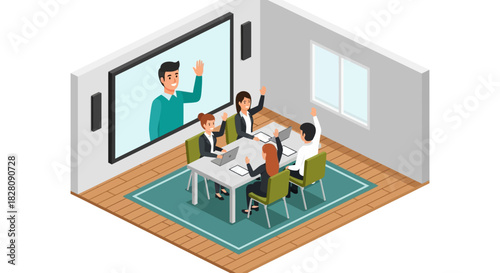 Isometric office meeting with video conference and team collaboration