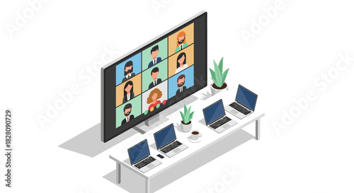 Isometric virtual meeting setup with laptops and conference screen