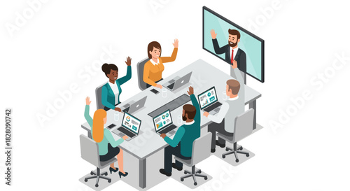 Collaborative team meeting in isometric office workspace