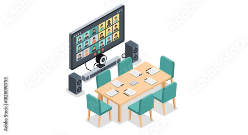 Isometric virtual meeting with conference table and video call on screen