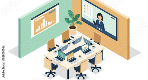Virtual meeting in modern office with video conference and digital charts