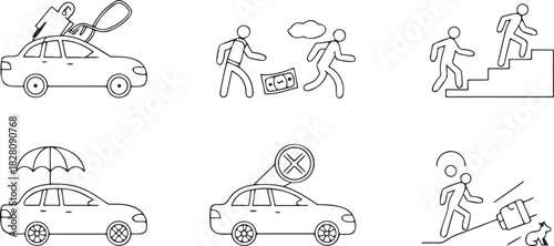 Hand Drawn Icons Illustrating Car Services, Insurance, and Transportation Scenarios Keywords: car, icon, drawing, sketch, outline, vehicle, transportation, insurance, umbrella, protection, money