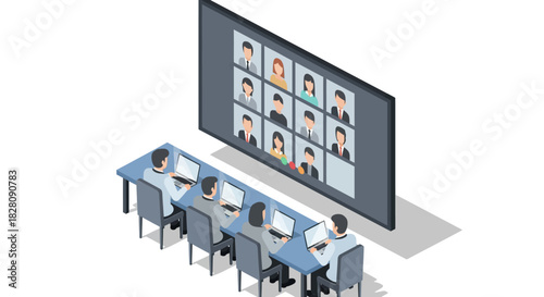 Virtual meeting in progress with people on video call in modern office setting