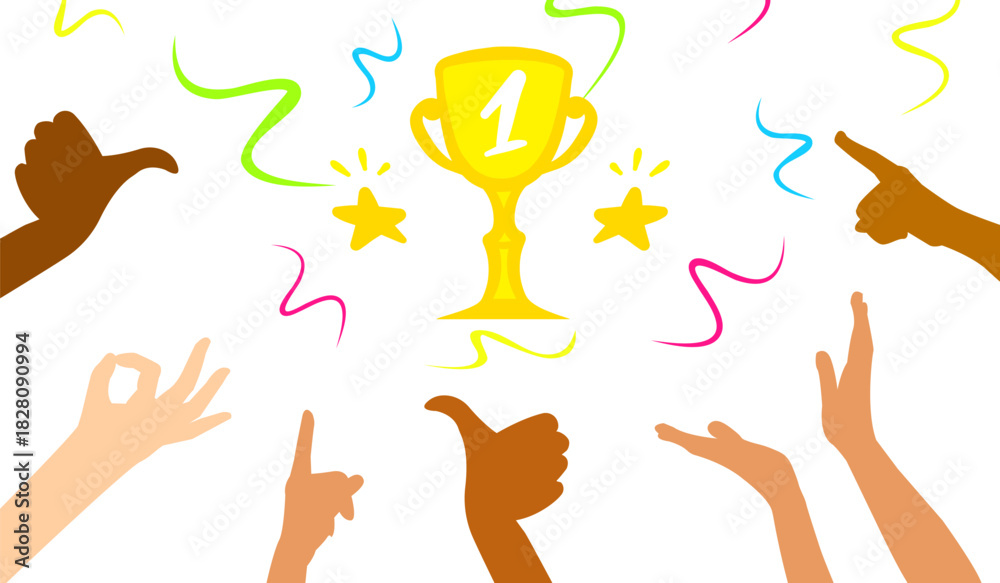 Fototapeta premium Winning success business poster concept, vector victory isolated illustration, flat cartoon hands up celebration party confetti decoration certificate design.