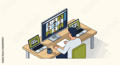 Isometric remote work setup with multiple screens for video conferencing