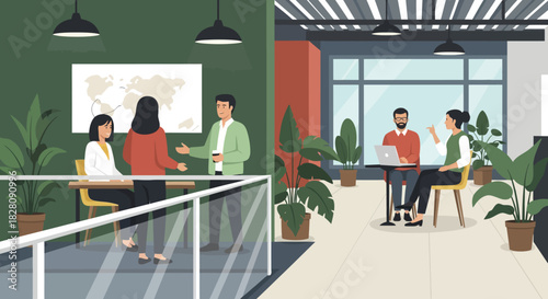 Modern office coworking space with diverse team collaboration in a plant-filled environment