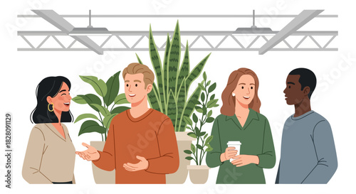 Diverse team engaging in office discussion with indoor plants