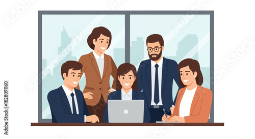 Business team collaboration in office setting with laptops and discussion in flat design