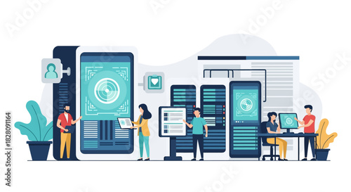 Modern data center teamwork with technology and digital devices in flat design style