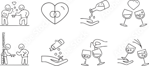 Hand-drawn line art icons depicting celebration, love, and toasting with drinks Keywords: couple, love, wedding, heart, rings, marriage, celebration, toast, wine, champagne, drinks, party, romance