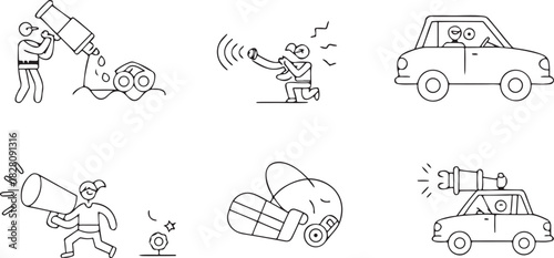 Line Art Icons Depicting Communication Devices and Vehicles Keywords: communication, megaphone, car, driving, signal, sound, announcement, broadcasting, vehicle, transportation, technology, alert