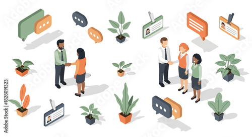 Isometric office communication with dialogue bubbles and plants