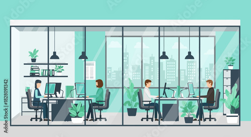 Modern office workspace with employees in a flat design open plan