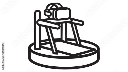 Illustration of a virtual reality treadmill and headset setup for immersive gaming or training experiences