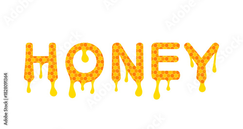 Honey word headline, dripped font label. Melted honeycomb letter effect.