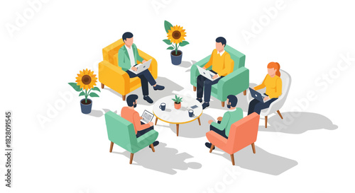 Collaborative office meeting with laptops in modern isometric design