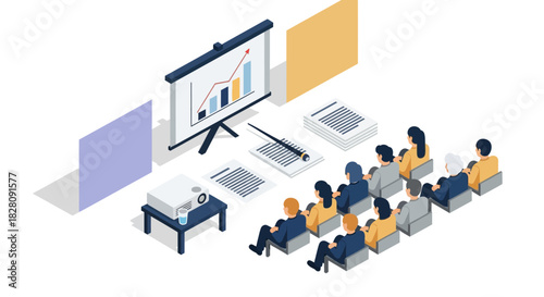 Business presentation in isometric style with graphs and audience in modern workspace