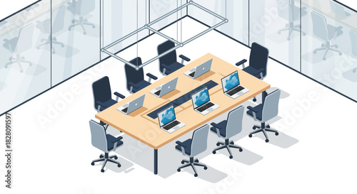 Modern office meeting room with computers and chairs in isometric design
