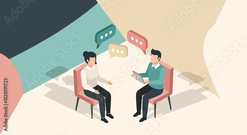 Isometric meeting with two business people discussing ideas in modern office