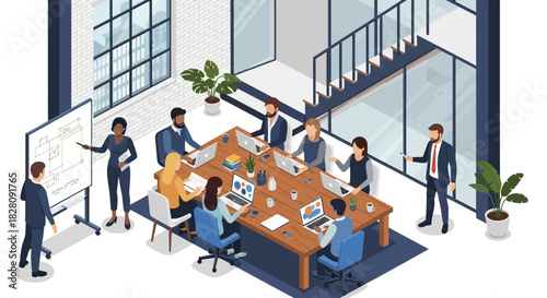 Modern office meeting in isometric style with diverse team collaborating