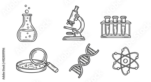 Hand drawn science icons: microscope, beaker, dna, atom, and test tubes