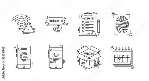 Minimalist linear icons: tech, shopping, security, planner, social media