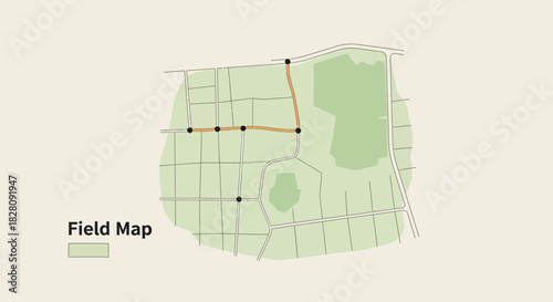 Urban field map with roads and green areas