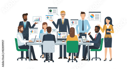 Diverse business team in a meeting with data charts and laptops