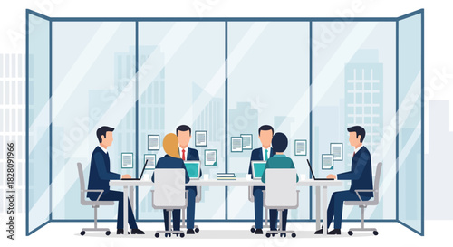 Modern office meeting in glass room with business professionals collaborating around conference table