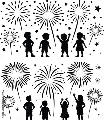 Silhouette of children watching fireworks isolated on white background