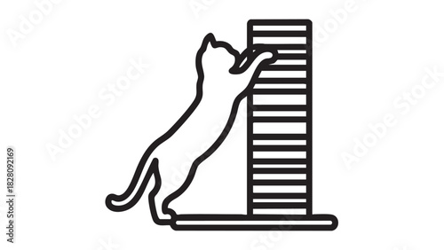 Outline illustration of a playful domestic cat engaging with a scratching post, a common pet accessory designed for essential claw care and feline entertainment